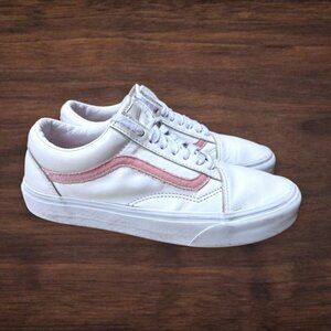 Vans Old Skool Low Top Sneakers White Leather Pink Velvet Stripe Women’s 8